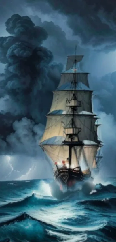 Tall ship battles stormy seas with dramatic lightning.