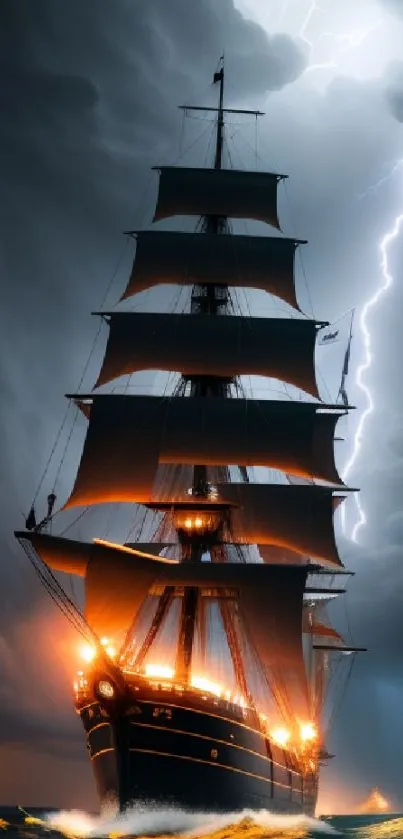 A dramatic ship navigates stormy seas under lightning-filled skies.