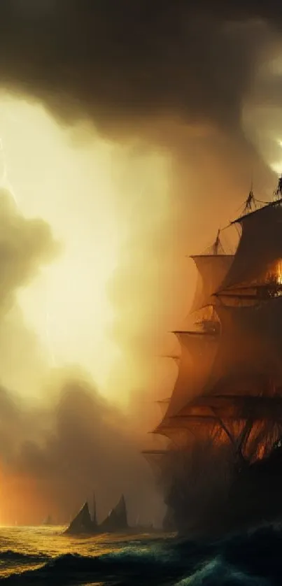 Historic ship sails through stormy sea lit by dramatic lightning.