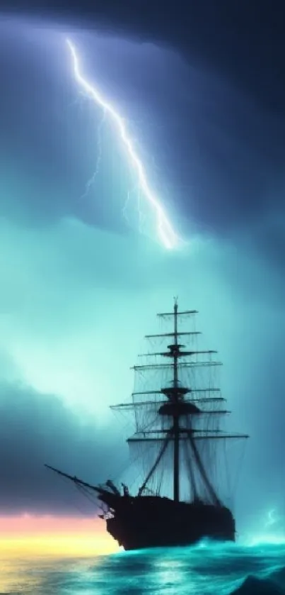 Silhouetted ship under lightning in a stormy sea wallpaper.