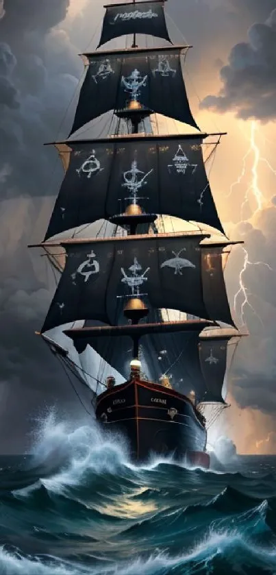 Majestic ship sails through stormy seas with lightning in the background.