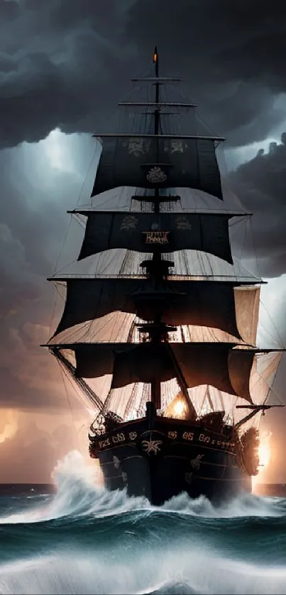 A ship sails through stormy seas under dark, dramatic skies.