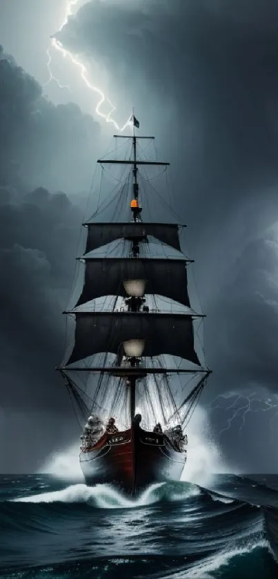 Majestic ship sailing in a dramatic storm with dark clouds and lightning.