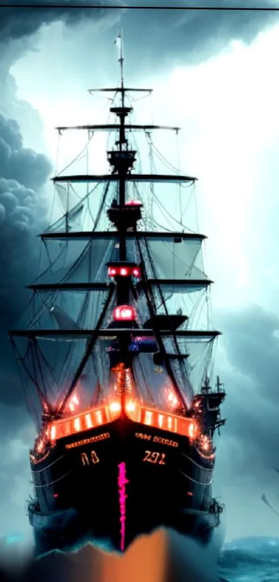 Dramatic ship sailing through a dark, stormy sea with vibrant lights glowing.