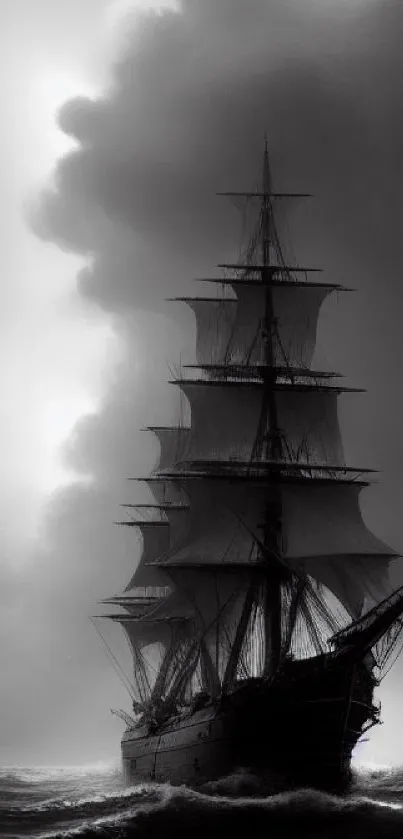 Dramatic black and white ship wallpaper with stormy seas.