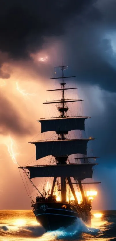 A ship sails through a stormy ocean with lightning illuminating the sky.