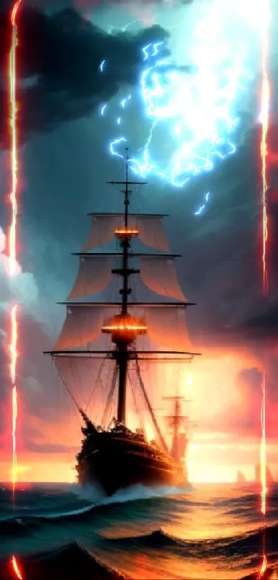 Ship sails in stormy sea with lightning, creating dramatic scenery.