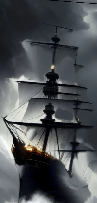 Dramatic ship sailing through stormy seas with dark clouds.