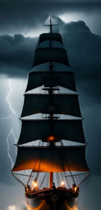 Sailing ship amid storm with lightning and dark clouds.