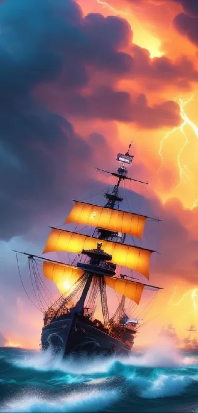 Ship sails through lightning-lit storms with dramatic orange sky.