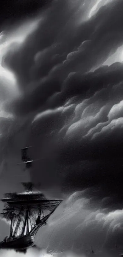 Historic ship navigating through dark stormy clouds, black and white.