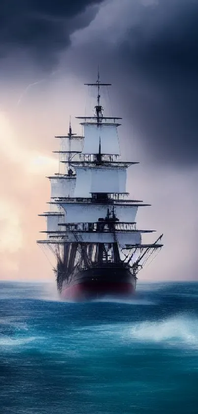 Majestic ship sailing through stormy, lightning-filled ocean.