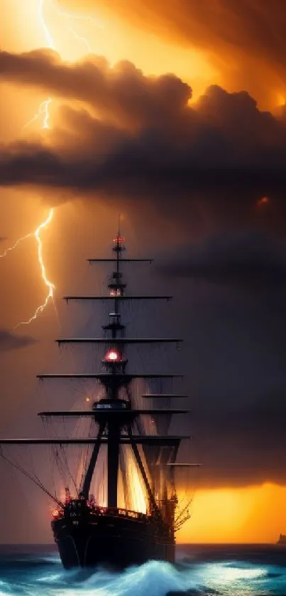 Ship sails through dramatic storm, illuminated by vivid lightning.