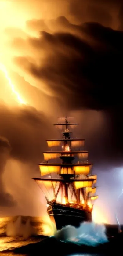 Vintage ship sailing in a storm with lightning and dark skies.