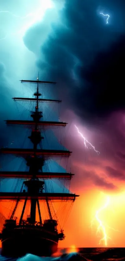 A ship sails through a vivid, lightning-filled storm on the ocean.