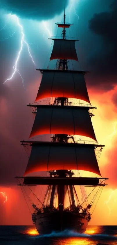 A ship navigating through a stormy ocean with lightning and a fiery sunset.