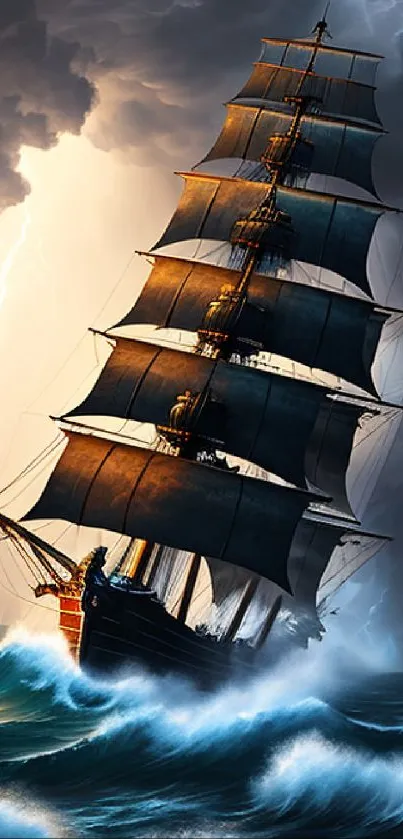 Majestic ship sails through stormy ocean under dark, dramatic skies.