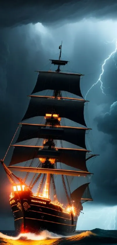 Tall black ship sails in a storm, lit by striking lightning in the dark ocean sky.