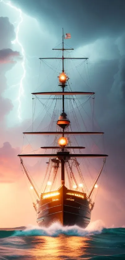 Ship sailing through stormy seas with vibrant lightning and ocean hues.