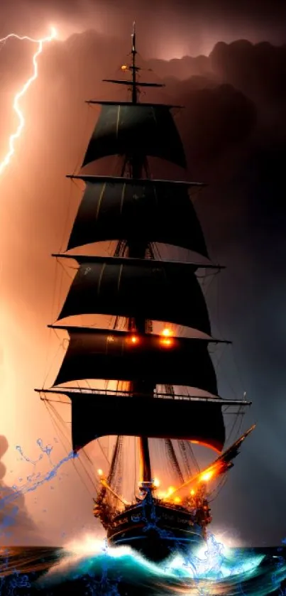 A dramatic ship sails through a stormy ocean with lightning in the background.