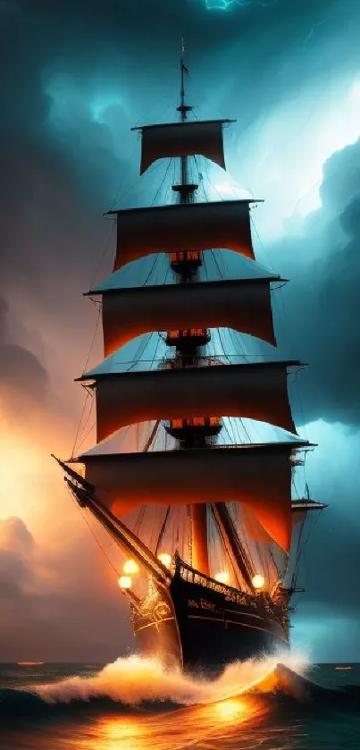 Majestic ship sailing through stormy seas with dramatic lighting and dark clouds.