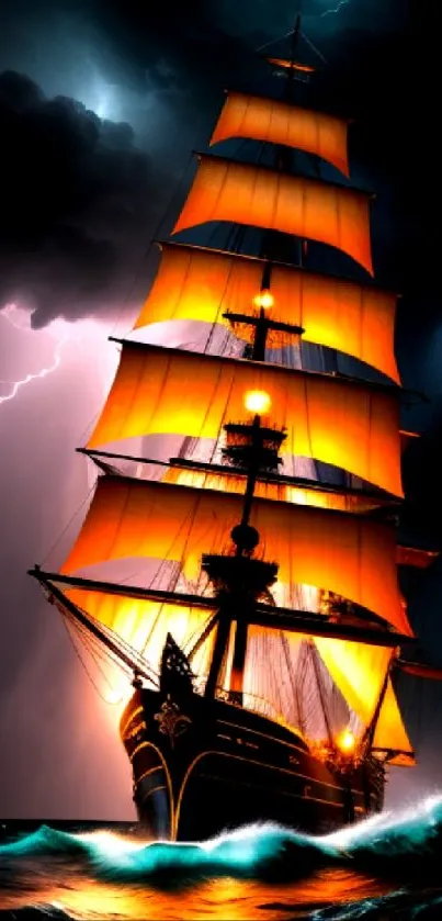 Dramatic ship with fiery sails in a lightning storm at sea.