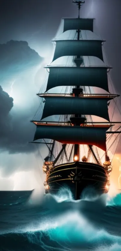 Majestic ship sailing through stormy seas with dramatic lightning in the background.