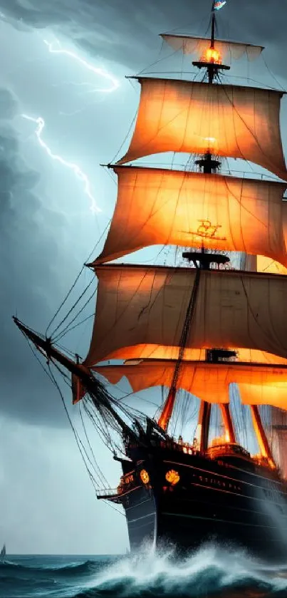 Ship with glowing sails in a stormy sea and dramatic skies.