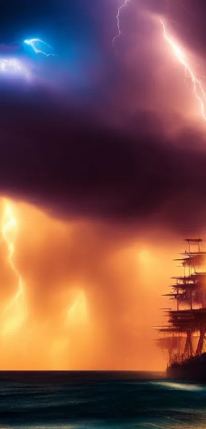 Ship sailing through lightning and stormy seas, dramatic wallpaper.