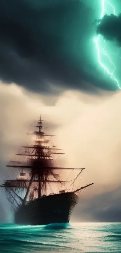 Majestic ship facing a storm with vivid lightning in the background.