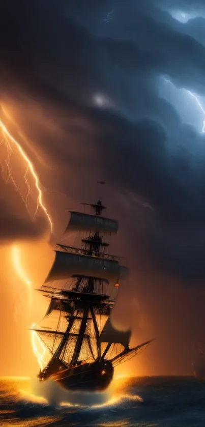 Ship navigating dramatic storm with lightning and dark clouds.