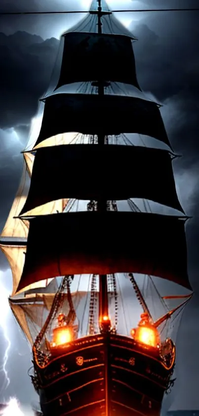 Silhouetted ship on stormy sea with lightning backdrop.