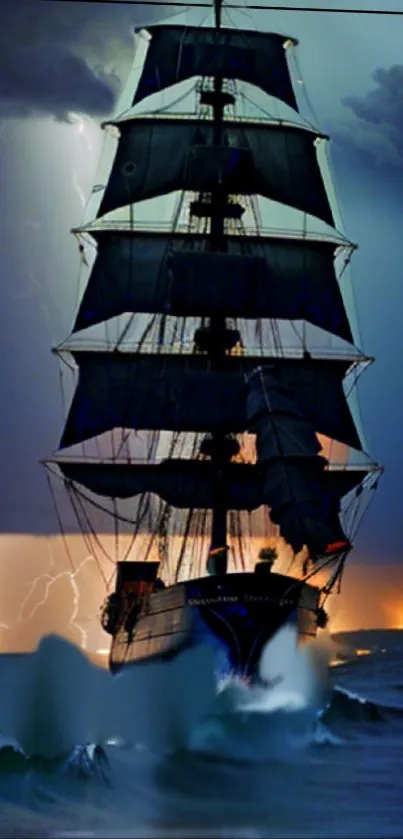 Majestic ship navigating stormy seas with lightning in the background.