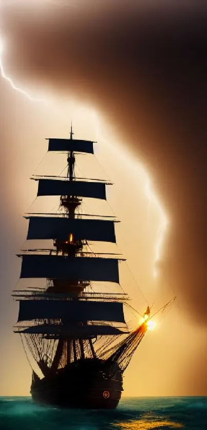 Majestic ship in a lightning storm, dramatic night ocean scene.