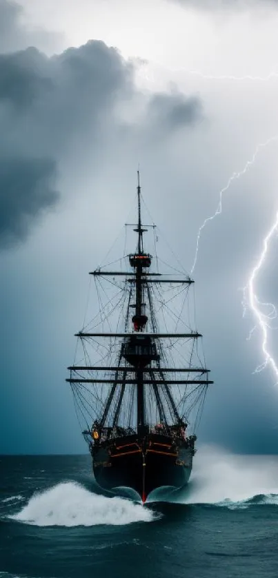 Ship sailing in ocean with lightning bolt in stormy background.