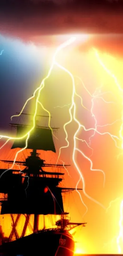 Dynamic ship under lightning storm, vibrant sky.