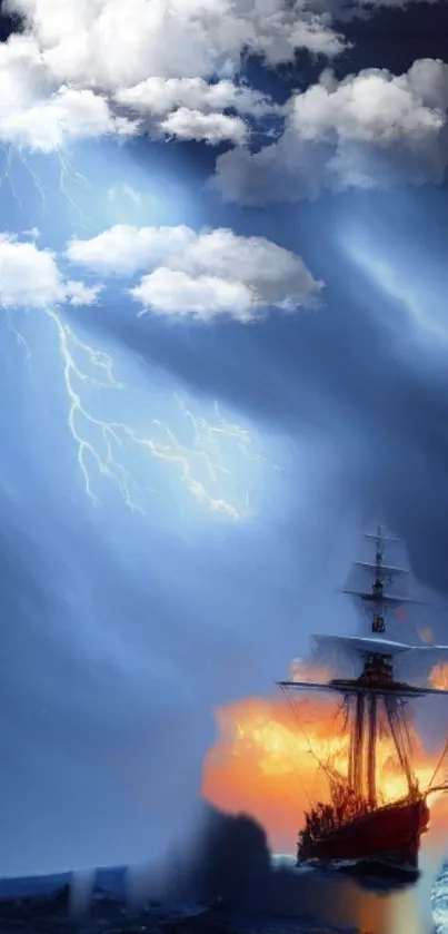 Sailing ship in stormy ocean with lightning and fiery horizon.