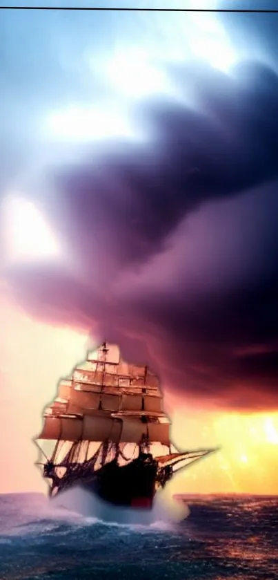 Sailing ship beneath dramatic skies over the ocean.