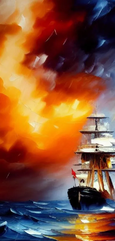 A ship battles vibrant orange and blue seas in dramatic artwork.