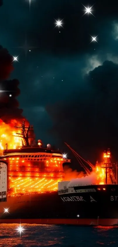 A dramatic scene of a ship engulfed in flames against a dark ocean.