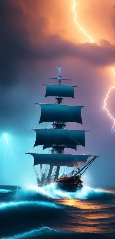 Ship sails through stormy sea under bright lightning.