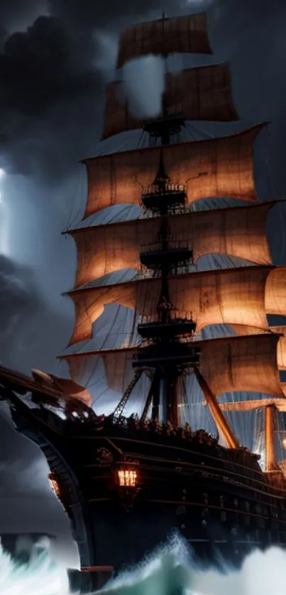 Illuminated ship sails through a stormy sea under a lightning sky.