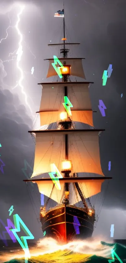 A ship sails through a storm with lightning illuminating the sky and ocean waves.