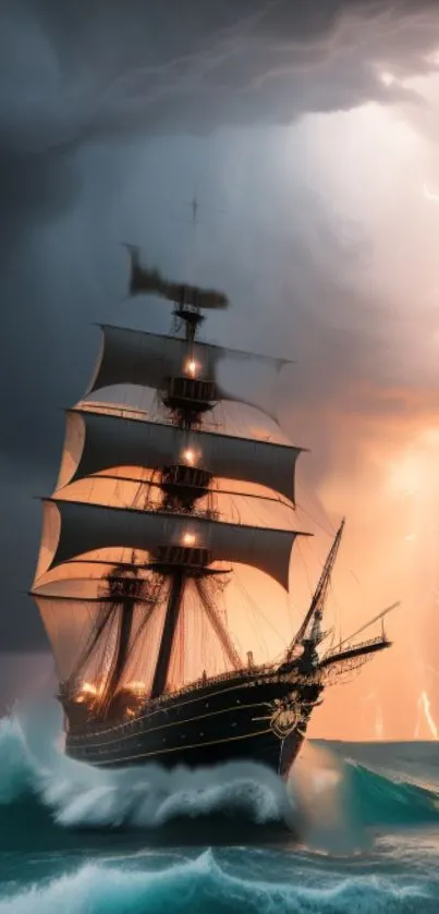 A dramatic ship navigates stormy seas with lightning in the sky.