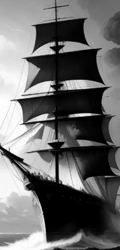 A majestic tall ship in a stormy ocean, in black and white.