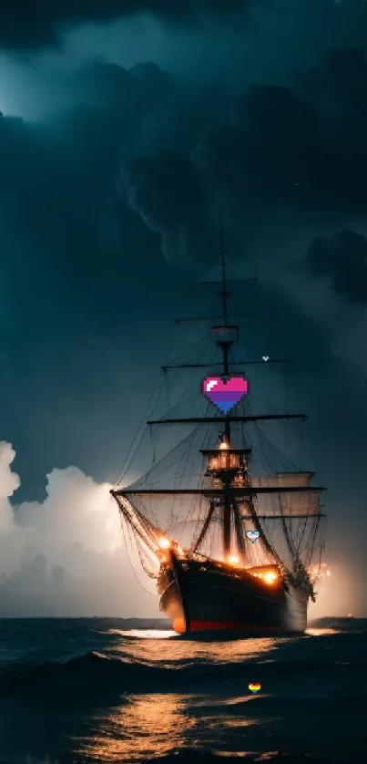 Ship with lights sails through dark, stormy ocean against a dramatic cloudy sky.