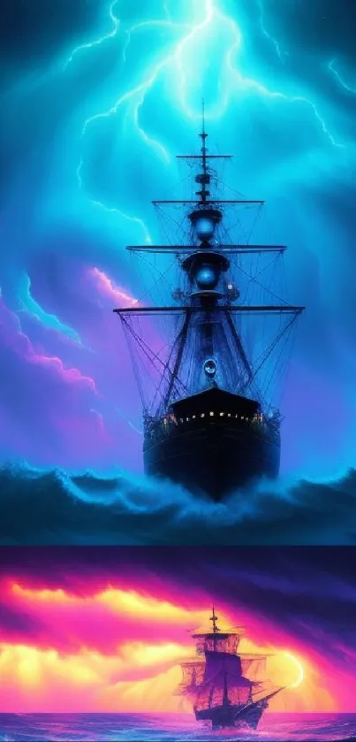 Dramatic ship sailing under a stormy blue sky.