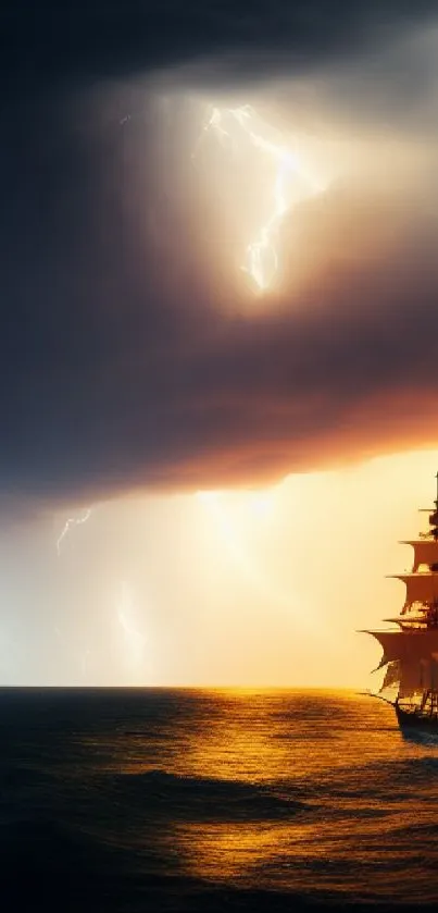 Ship sailing through stormy sea with lightning and dramatic clouds.