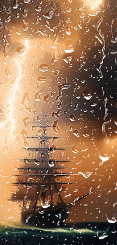 Ship sails through storm with lightning and dark clouds.