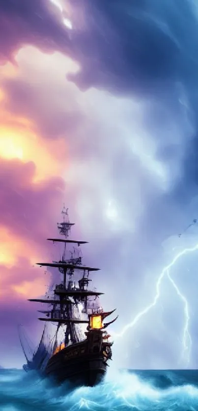 Dramatic ship sailing through stormy seas with lightning and vibrant sky.